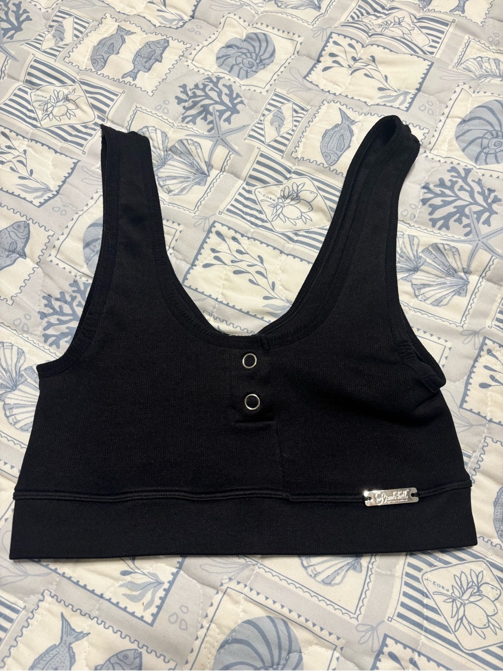 Bombshell Black Ribbed Crop Tank with Metal Logo Plate